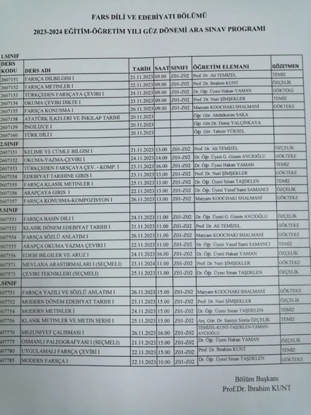2023-2024 Güz Dönemi Ara Sınav Programı